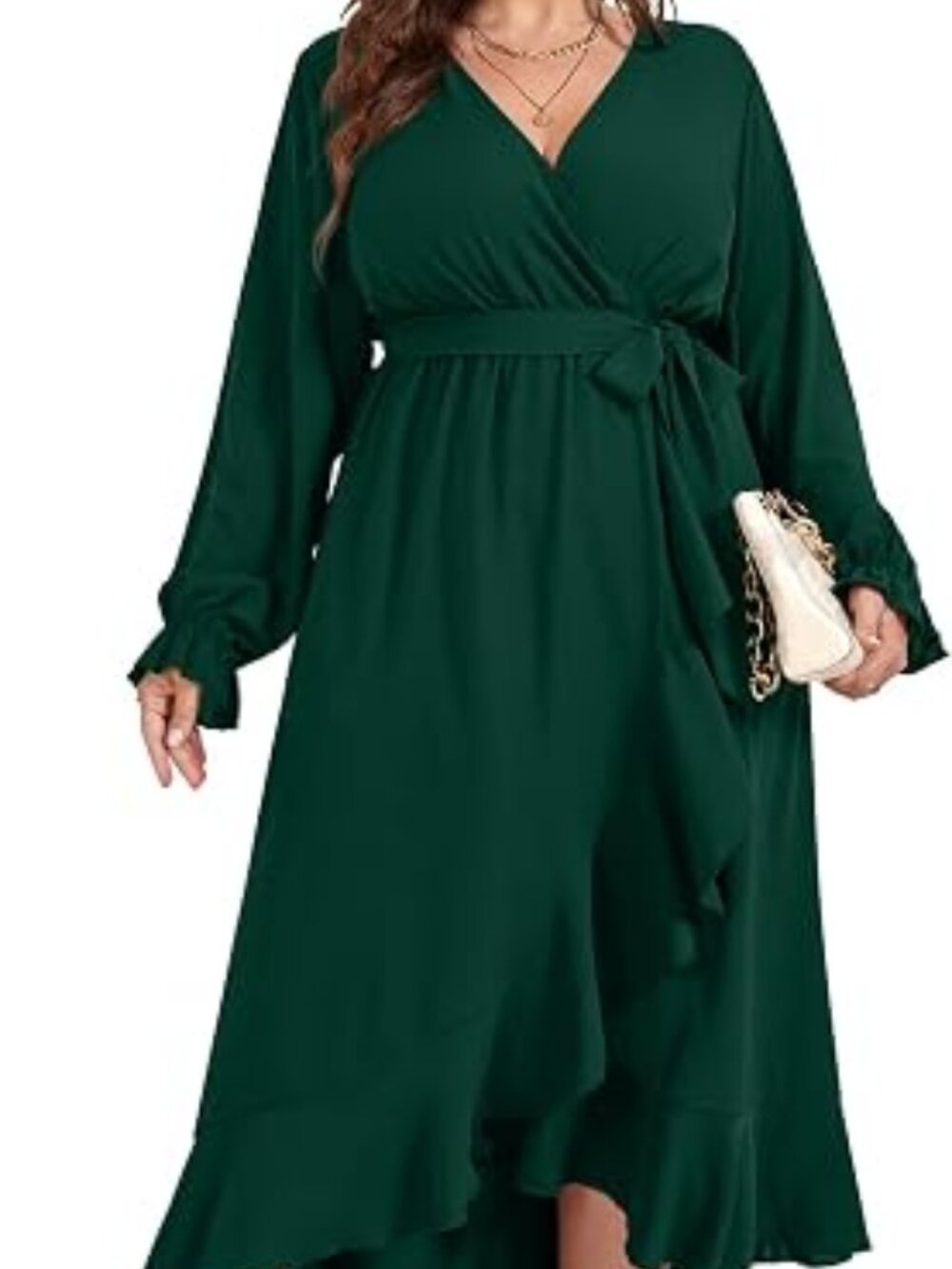 Women Emerald Green Long Sleeve Faux Wrap V Neck High Low Ruffle Maxi Dress-3XL